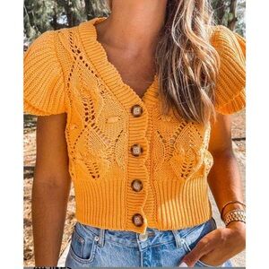 Zara Ruffled Orange Knit Vest Cardigan with Ruffle Sleeves